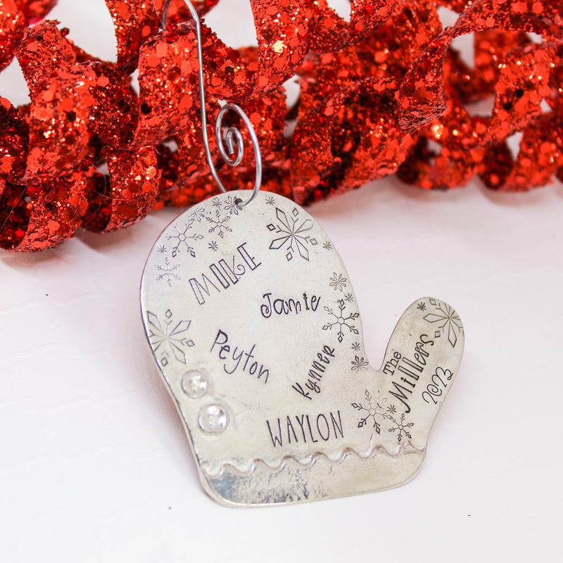 Personalized Mitten Christmas ornament, pewter