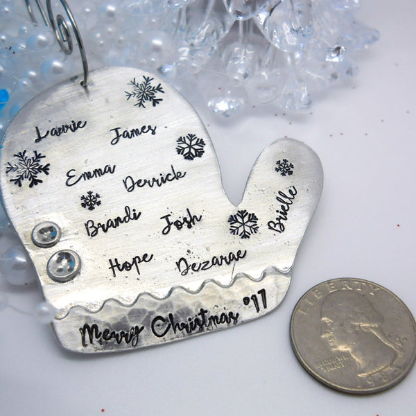 Pewter personalized mitten Christmas ornament, personalized Christmas ornament, glove ornament - size comparison quarter