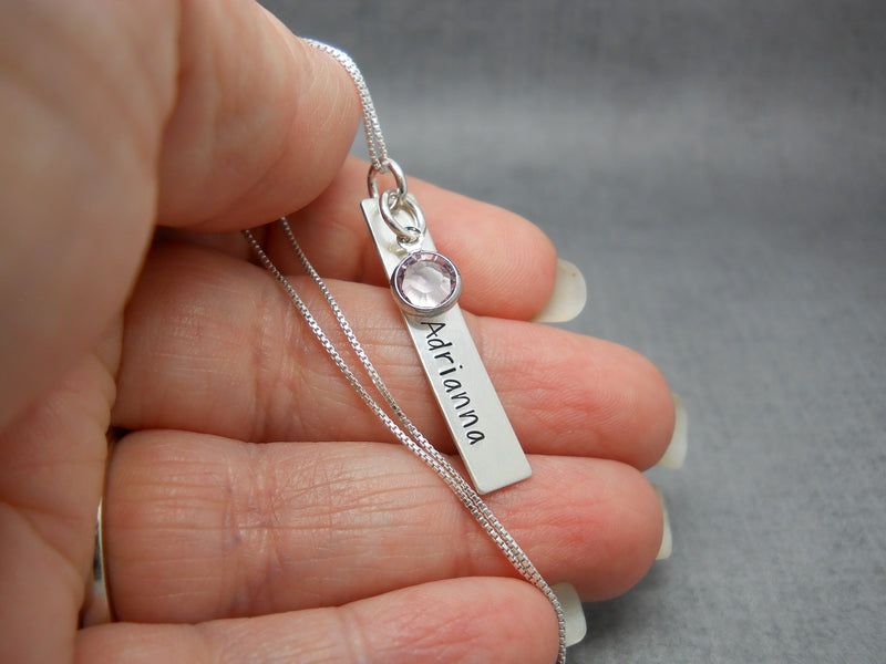 Hand Stamped Bar Name Necklace in Sterling Silver, Shadows font - Delena Ciastko Designs