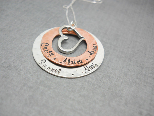 Sterling Silver and Copper Personalized Mothers Necklace with Kids Names and Heart Charm, close up