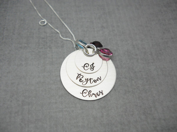 3 Layered Sterling Silver Mom Necklace with Kids Names, flat lay