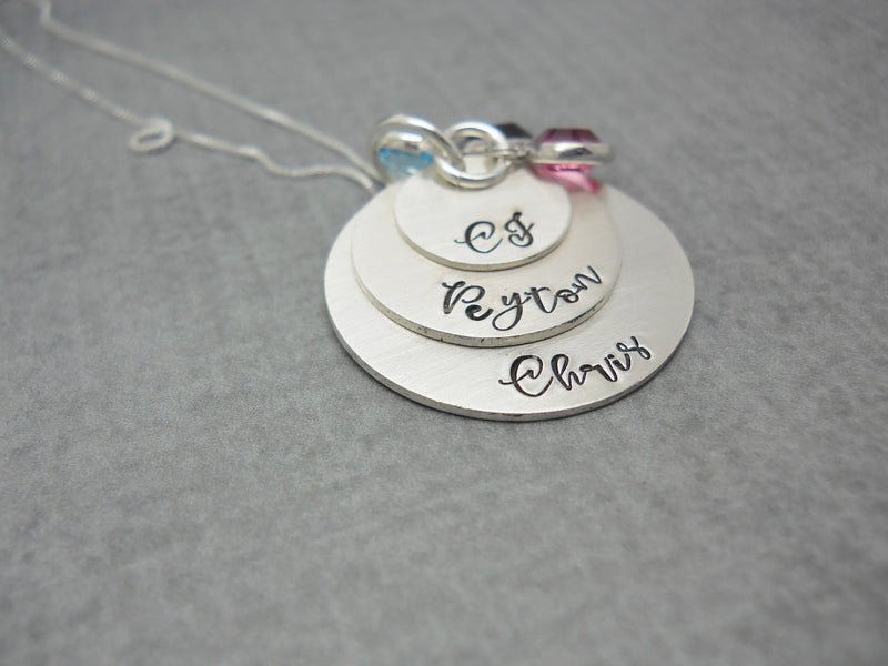 3 Layered Sterling Silver Mom Necklace with Kids Names, different angle