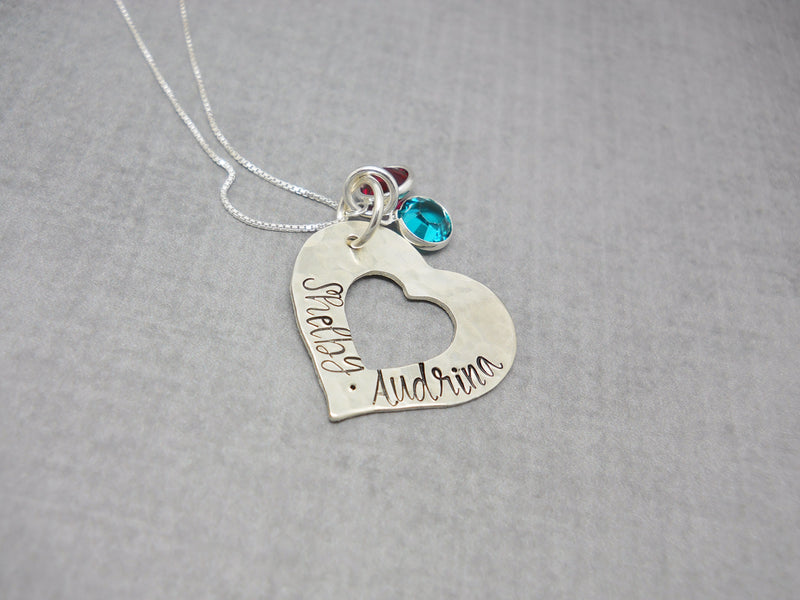 Custom Textured Sterling Silver Personalized Heart Necklace with Kids Names, birthstones tucked behind to see metal