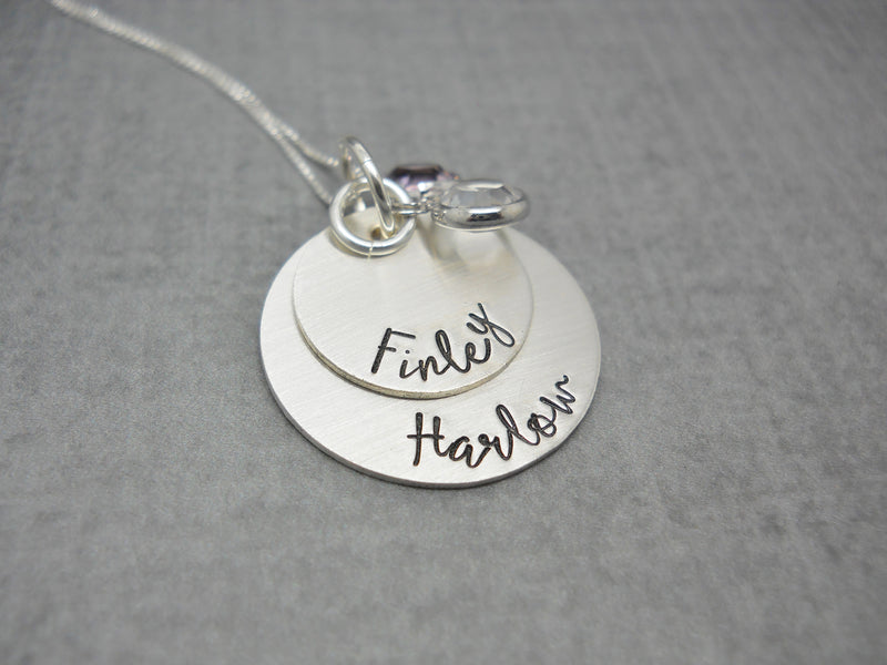 Double Stacked Sterling Silver Personalized Mom Necklace with Kids Names, flat lay