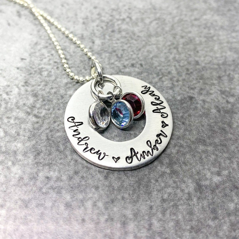 Personalized Mom washer necklace with floating birthstones