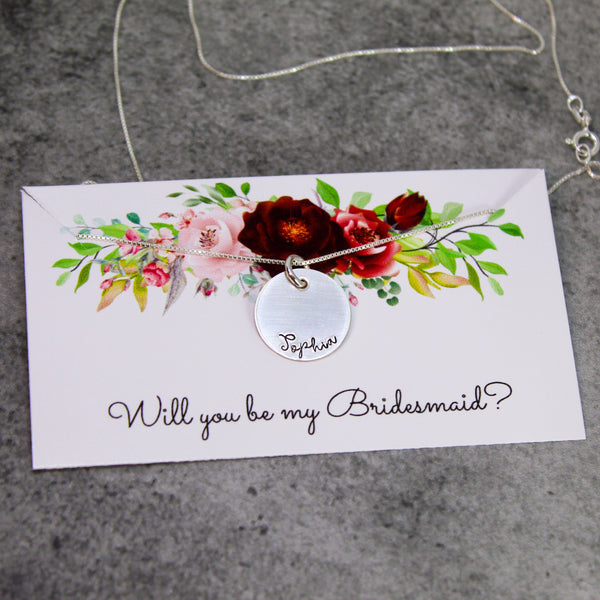 sterling silver name necklace | bridesmaid proposal card