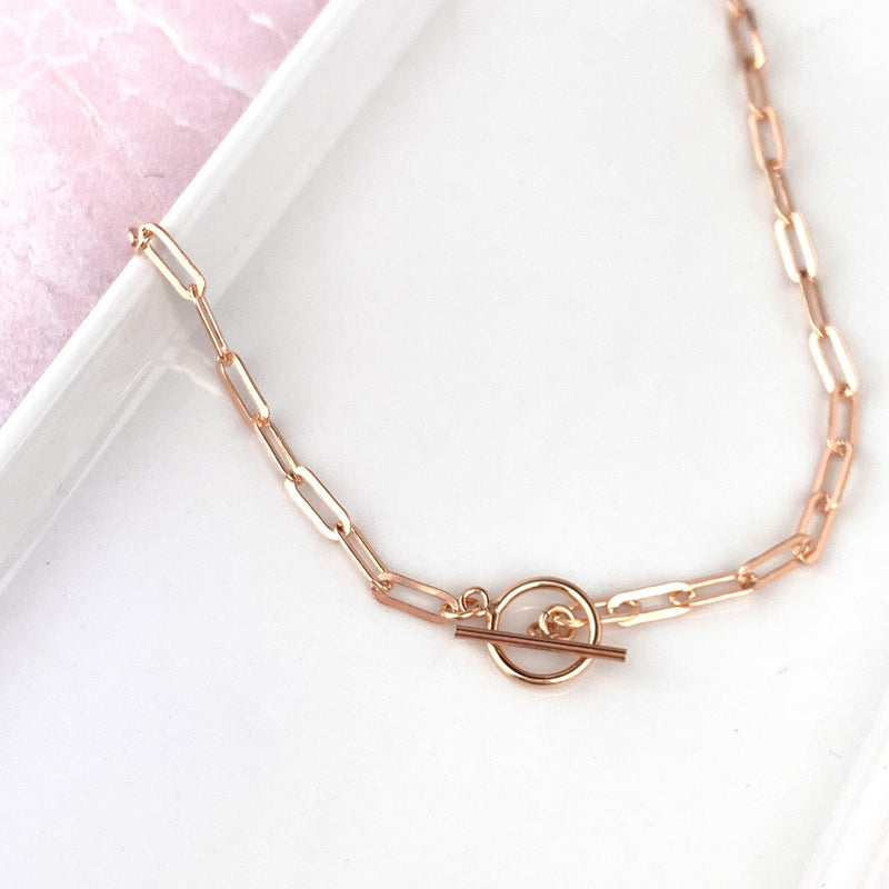 Rose gold paper clip chain necklace with toggle