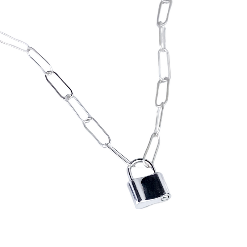 Large Sterling silver paperclip padlock necklace