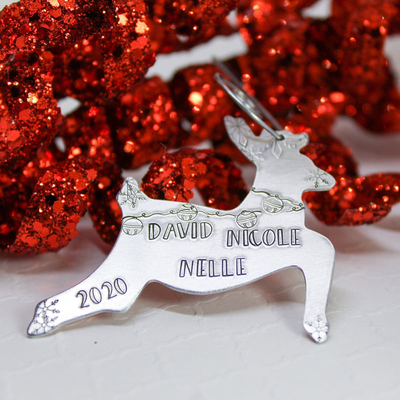 Personalized reindeer Christmas ornament with bells