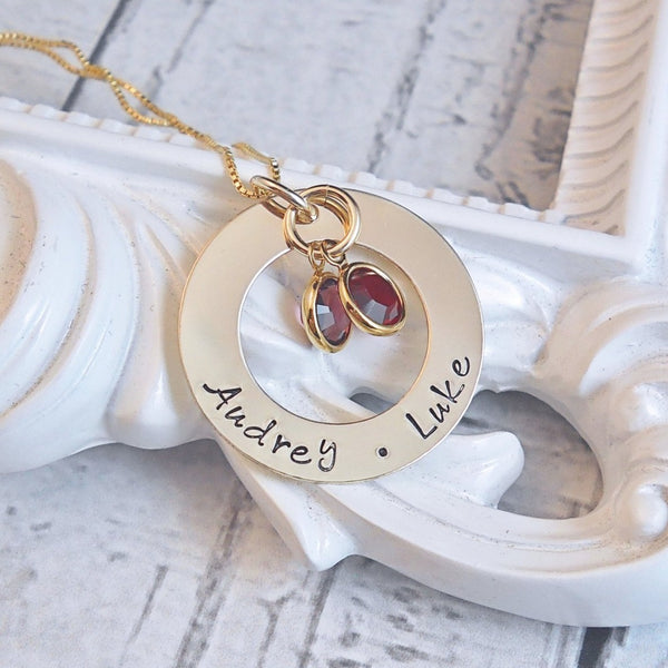 Gold name necklace, Personalized Mothers Necklace, Hand Stamped Washer Necklace - Delena Ciastko Designs