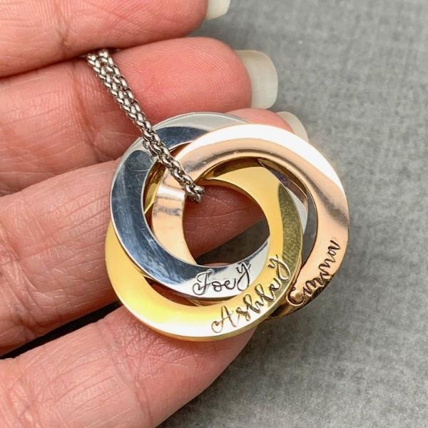 Personalized mixed metal 3 Russian ring necklace, 3 ring name necklace